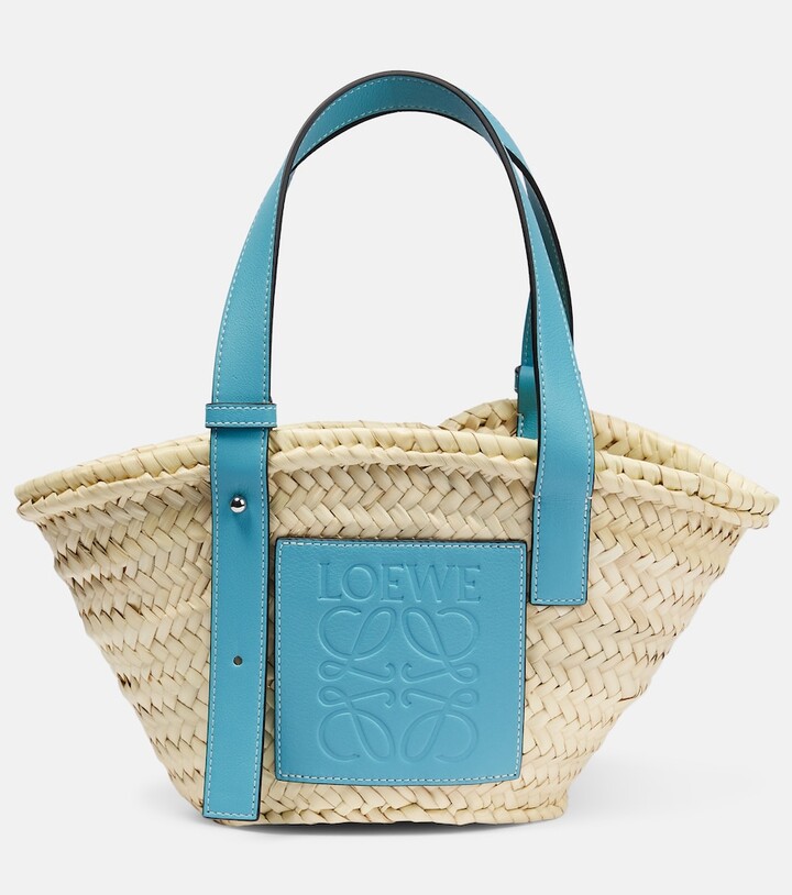 Small Basket bag in palm leaf and calfskin Light Blue - LOEWE