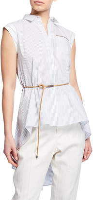Brunello Cucinelli Sleeveless Button-Front Belted High-Low Top