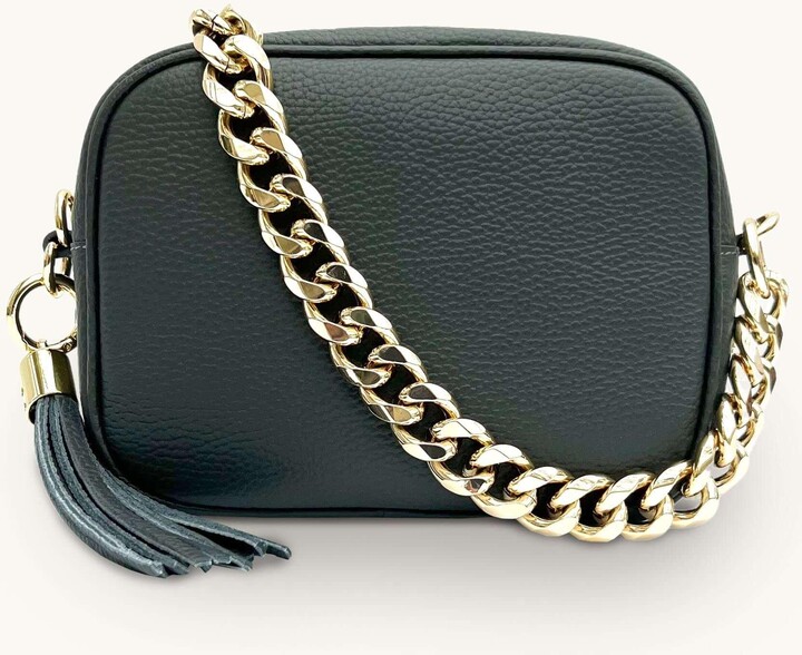Apatchy London Dark Grey Leather Crossbody Bag With Gold Chain Strap