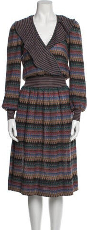 Missoni Wrap Dress Vintage From the 1980's Collection Purple Striped Three-Quarter Sleeve with V-Neck Size not listed, estimated from measurements. Designer