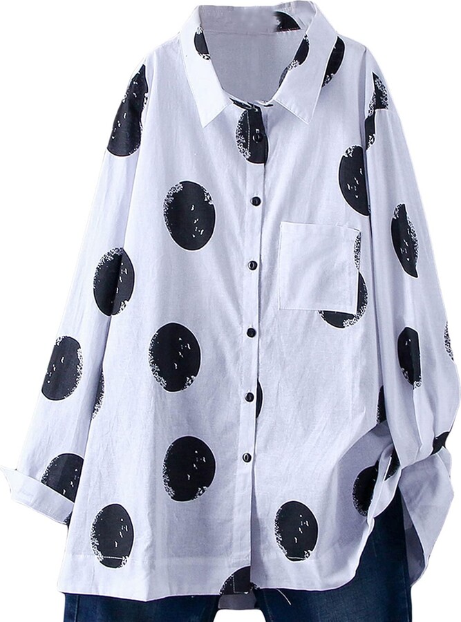 FTCayanz Women's Cotton Tunic Shirts Loose Casual Polka Dot Blouse Tops  White XXL - ShopStyle