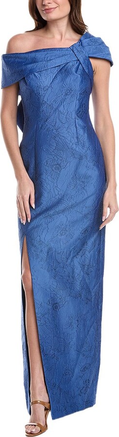 Teri Jon by Rickie Freeman Jacquard Asymmetrical Portrait Bow Shoulder Gown