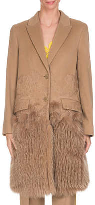 Givenchy Wool-Cashmere Lace Single-Breasted Coat with Fur Hem, Camel