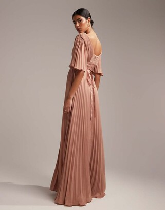 ASOS DESIGN Bridesmaid pleated flutter sleeve maxi dress with satin wrap  waist in mocha - ShopStyle