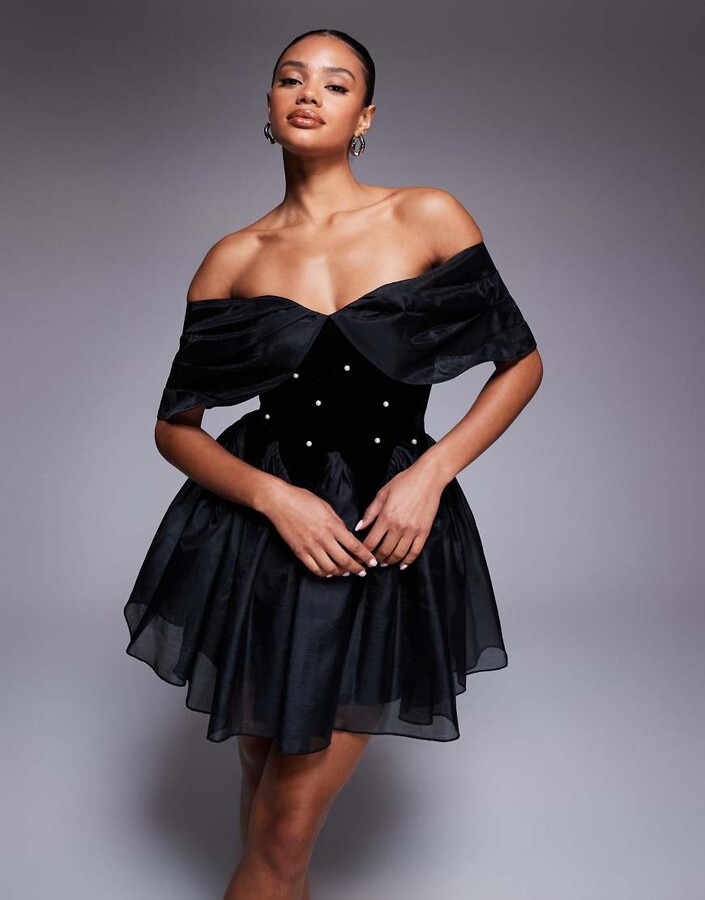 ASOS LUXE off the shoulder pearl embellished velvet mini dress with organza in black