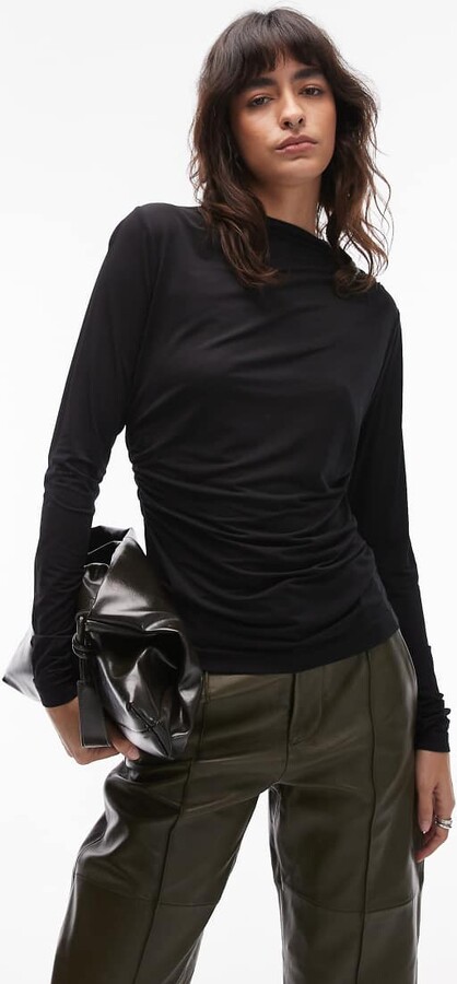 And other stories & asymmetric ruched long sleeve jersey top in black