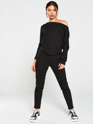 Very Ribbed Snit Slouch Co Ord Top - Black