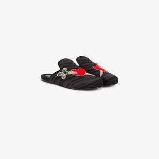 Gucci Ladies Black Embroidered Leather and Silk Slip On Heart And Dagger Velvet Slippers, Size: 40.5