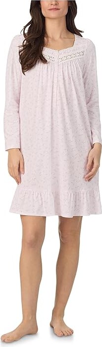 Eileen West Cotton Knit Long Sleeve Short Nightgown Women's Clothing White Ground Ditsy : MD