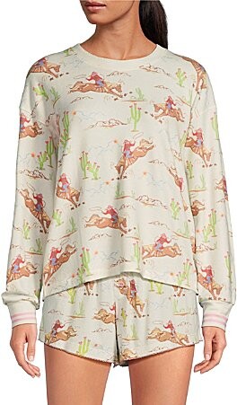 Long Sleeve Crew Neck Cowgirl Western Print Peachy Knit Coordinating Sleep Top