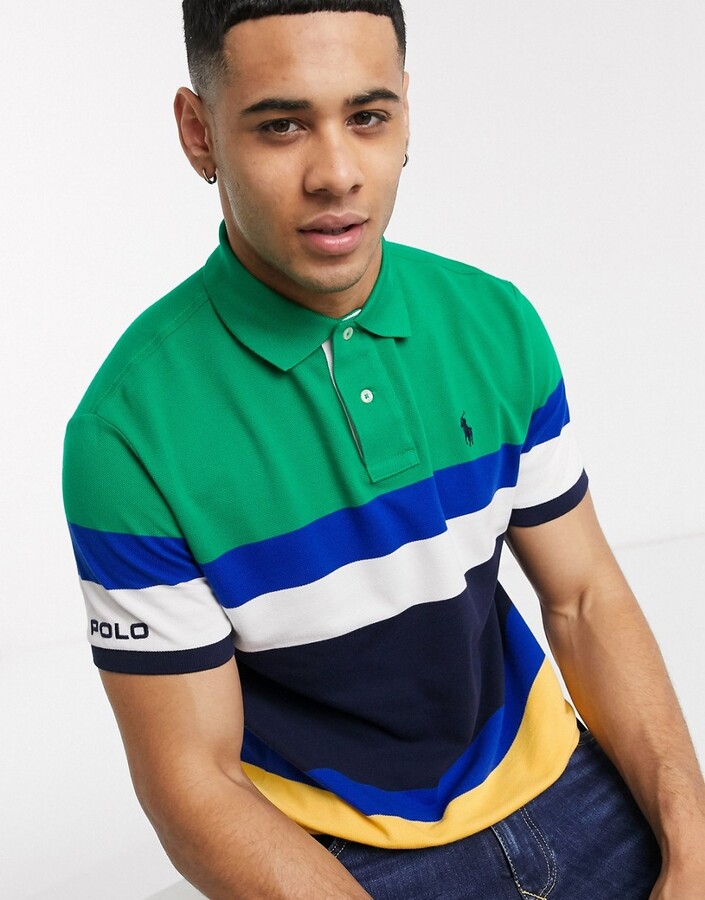 Polo Ralph Lauren regular fit pique polo in green with colour block stripe  - ShopStyle Longsleeve Shirts