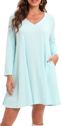 Roiii Womens Cotton Elastic Long Sleeves Casual Tops V Neck T Shirt Button Longine Tunic Tops Casual Yoga Mini Dress (10-12