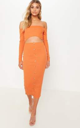 PrettyLittleThing Orange Bardot Ribbed Tortoise Button Cut Out Midaxi Dress