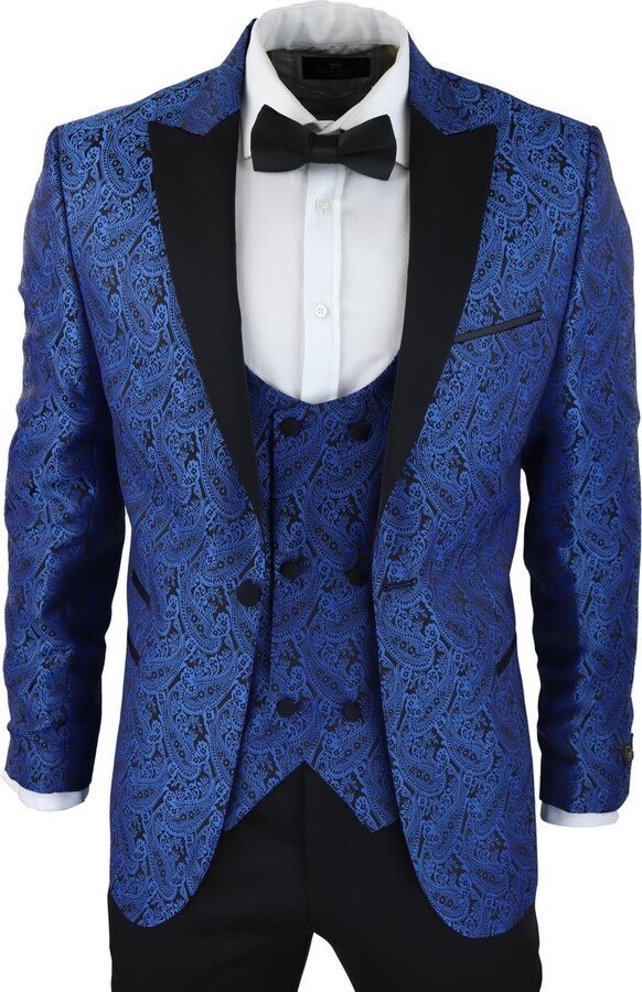 Oliver Tweed Mens Blue Tuxedo Blazer Waistcoat Brocade Black Satin Paisley Dinner Jacket