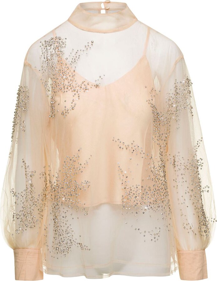 DES_PHEMMES Beige Turtleneck Blouse with Embroidery and Rhinestones in  Semi-sheer Tulle Woman - ShopStyle Tops