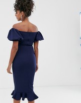 Thumbnail for your product : Queen Bee Maternity off shoulder puff sleeve dipped hem midi dress in navy