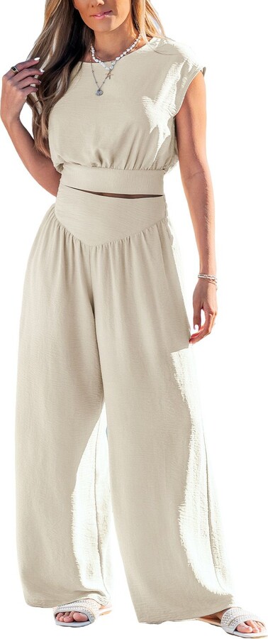 CUPSHE Women's Short Sleeve Tie-Back Matching Sets - Beige/khaki