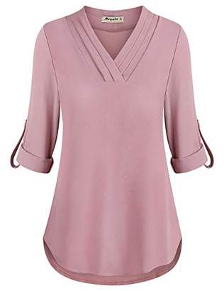 Moyabo Blouses for Women V Neck Cuffed Sleeve Tops for Women to Wear with Leggings Curved Hemline