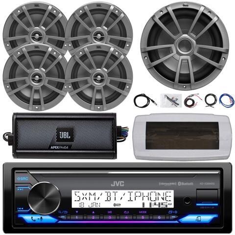 JVC KD-X38MBS Single-DIN Marine Bluetooth USB/AUX LED AM/FM SiriusXM Ready Stereo Receiver W/White Cover, 4x 6.5' 180W Max Power Speakers, 10' 600W...