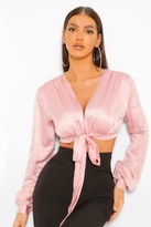 Thumbnail for your product : boohoo Satin tie front crop top