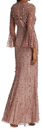 Theia Flounce-Sleeve 3-D Embroidered Gown