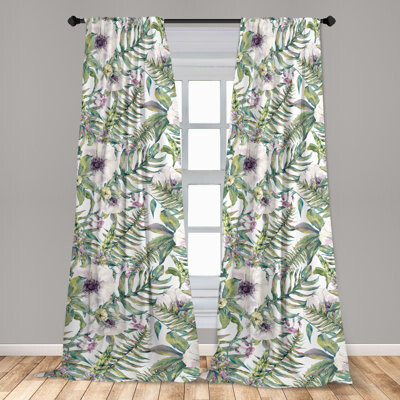 East Urban Home Tropical Curtains Palm Leaves Lupine Anemone Pair of Pale Olive Green and Quartz