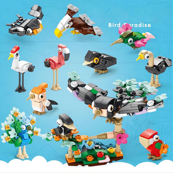 NONE 10in1 Cute Animals Bird Paradise Crow Parrot Peacock Eagle Flamingo Building Blocks Kit Girl Bricks Model Kids Toy Children