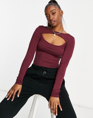 NA-KD cut out long sleeve top in burgundy