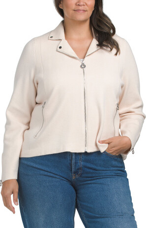 TJMAXX Plus Faux Leather Trim Zip Cardigan, Nylon/Polyester/Leather