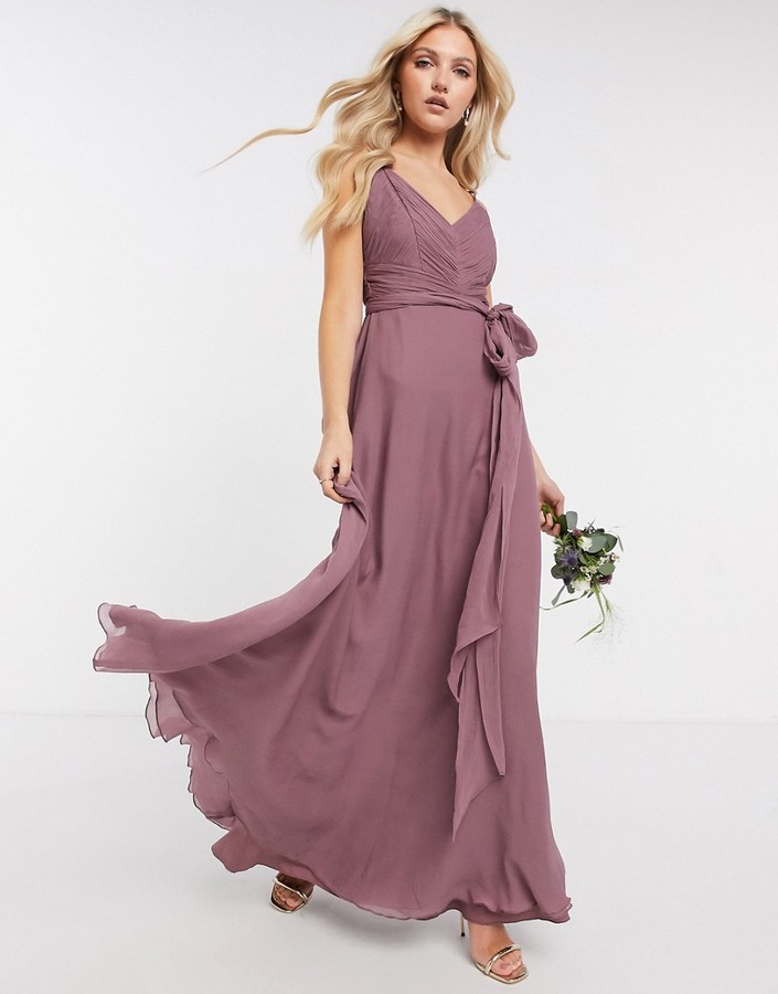 ASOS DESIGN bridesmaid tulle cami maxi dress with satin ribbon waist detail  and pleated skirt in champagne - ShopStyle
