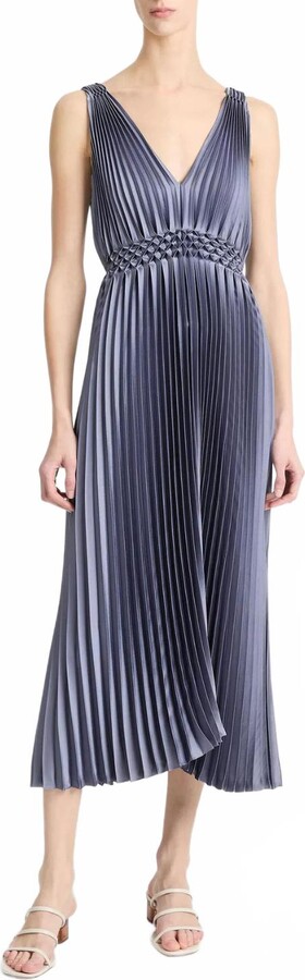 Vince Hand Smocked Pleated Satin Dress In Mauve Thistle