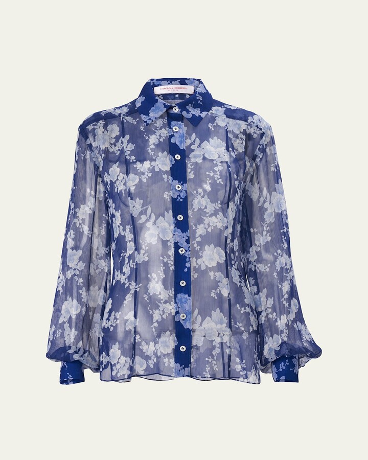 Carolina Herrera Floral Button Down Chiffon Blouse