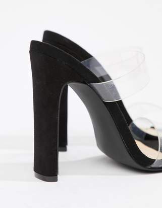 PrettyLittleThing clear strap block high heeled sandal in black