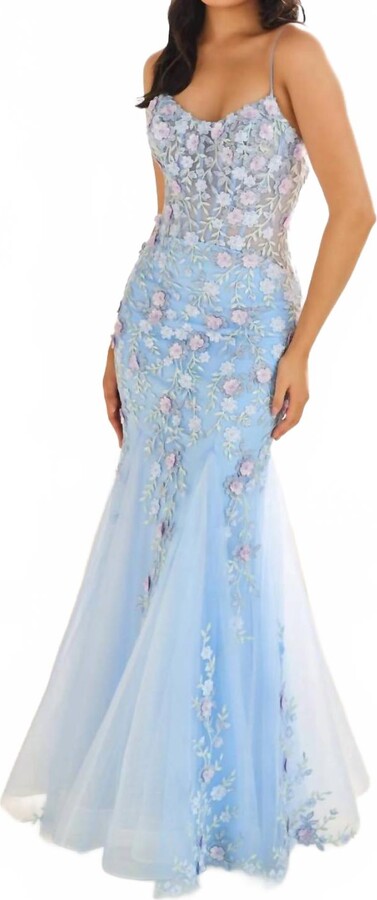 Ellie Wilde Lace Appliques Glitter Tulle Trumpet Gown In Blue/multi