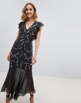 Thumbnail for your product : Lace & Beads embellished ruffle detail midi dress in charcoal grey