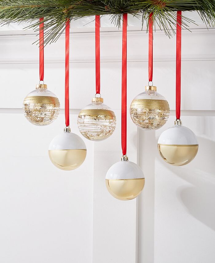 Holiday Lane Shine Bright Set of 6 Gold-Tone, Silver-Tone & White Decorated Shatterproof Ball Ornaments, Created for Macy's
