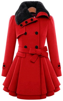 CouieCuies Women's Fashion Faux Fur Lapel Double-Breasted Thick Wool Trench Coat Jacket