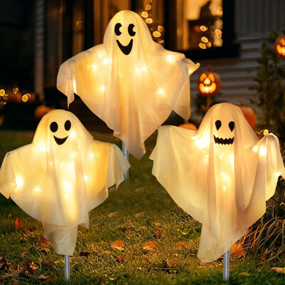The Holiday Aisle 8 Modes 3 Pack Halloween Outdoor Decorations Lighted Ghost Yard Stakes With 50 LED Warm White Lights Battery Operated Bendable Arm Light Up White Clot