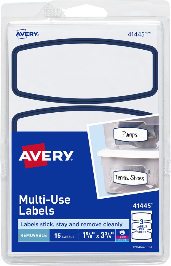 Avery Multi-Use Labels, 1-5/8" x 3-3/4", Paper, Removable, Blue Border, Laser/Inkjet, 15 Labels