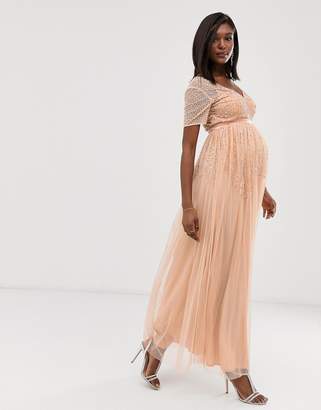 Maya Maternity mesh all over scattered sequin pleated maxi dress in soft peach