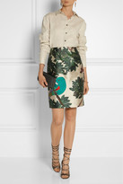 Thumbnail for your product : Oscar de la Renta Embroidered printed silk-blend mikado pencil skirt
