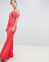Thumbnail for your product : Little Mistress Off Shoulder Maxi Dress With Embellished Waist