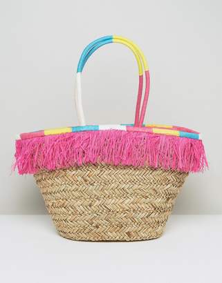South Beach Fringe Straw Bag With Wrapped Handles