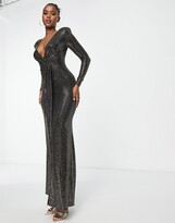 Thumbnail for your product : Goddiva sequin long sleeve wrap front maxi prom dress in gold