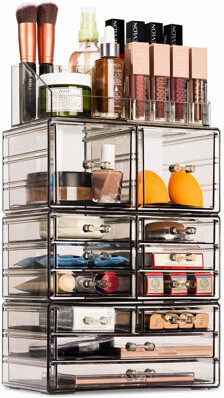 Hokku Designs ClearStack Beauty Tower: 12-Drawer Makeup & Jewelry Organizer with Lipstick and Brush Holders for Vanity, Bathroom, or Dresser Storage