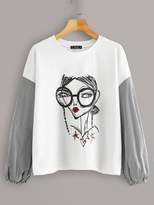 Thumbnail for your product : Shein Figure and Striped Print Lantern Sleeve Sweatshirt