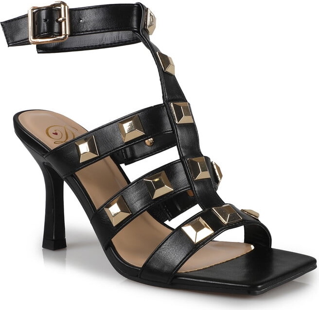 Soda Sunglasses Women's Elegance Gladiator Kitten Heel Sandals with Gold Square Studs