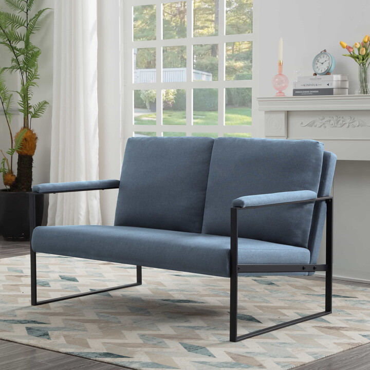 BSHTI Linen Blend Upholstery Loveseat,Sleek Metal Frame and Clean Lines,High-density Foam Loveseat,for Living Room,Bedroom,Study or Den(Dark Blue)