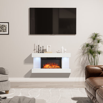 Ebern Designs 3-Sided Wall Mounted Led Electric Fireplace With Floating Mantel,Remote Control Adjustable Heat