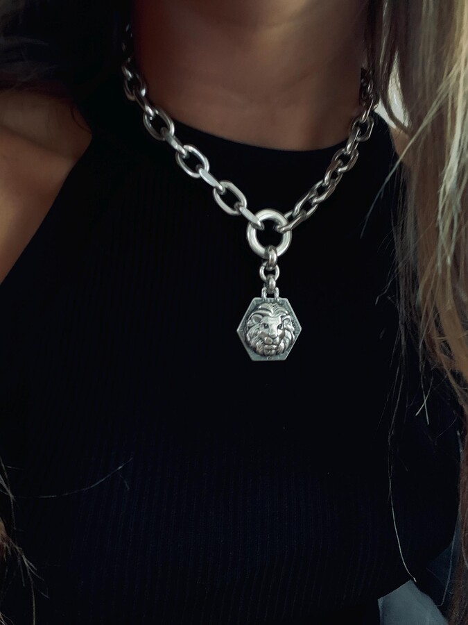 Etsy Lion Necklace Statement Toggle Clasp Necklace Gold Link Chunky Vintage Necklace